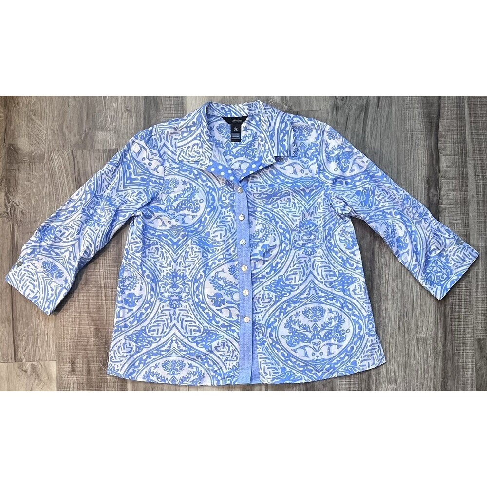 Ali Miles Large Blue White Paisley Button Up 3/4 Sleeve Blouse Top Career Resort
